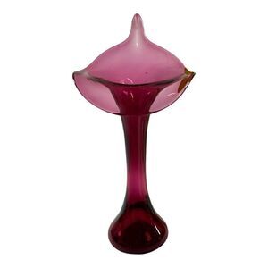 Large Cranberry Pink Vintage Red Art Glass Jack In The Pulpit Floral Boho Vase